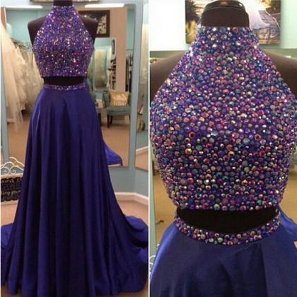 Two Pieces Purple Prom Dress With Crystals