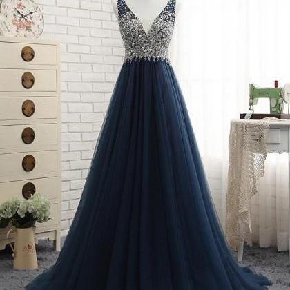 A-line V Neck Sparkle Navy Blue Long Prom Dress..