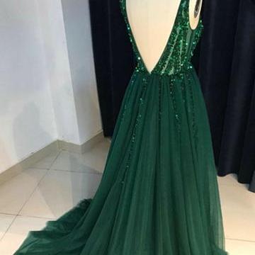 V Neck Long Dark Green Prom Dress With Beads