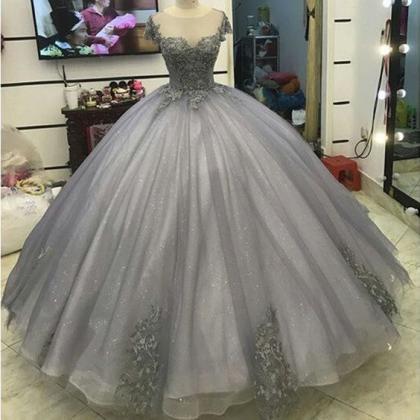Sheer Neck Grey Tull Ball Gown Quineanera Dress..