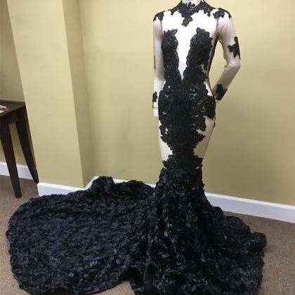 Long Sleeves Black Mermaid Prom Dress With Rosette..