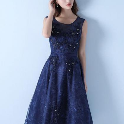 Tea Length Navy Blue Semi Formal Party Dress