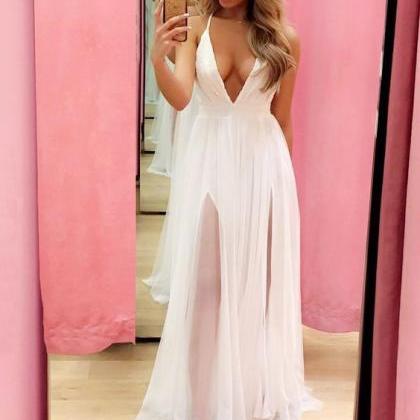 V-Neck Ivory Sheath Long Prom Dress