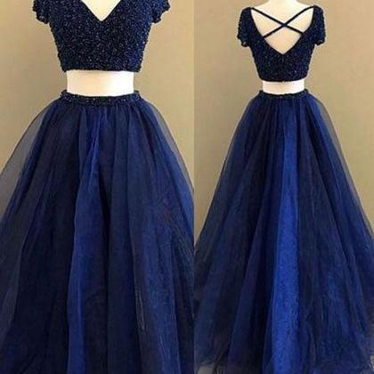 Navy Blue Two Pieces Prom Dress With Beaded Crop..