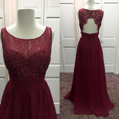 Sheer Neck Long Chiffon Lace Prom Dress With..