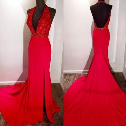 Backless Halter Red Jersey Prom Dress