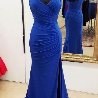 Spaghetti Straps Royal Blue Jersey Prom Dress With..
