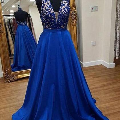 V Neck Royal Blue Halter Prom Dress