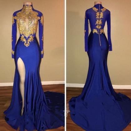 Long Sleeves Royal Blue Prom Dress With Gold..