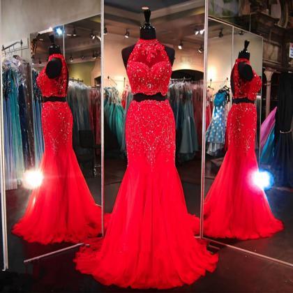 Red Two Pieces Prom Dress With Beads Sequins