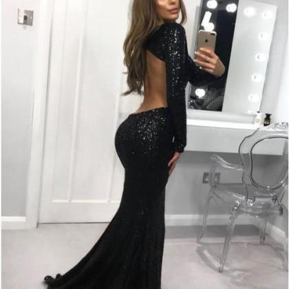Backless Black Sequin Prom Dress With Long Sleeves