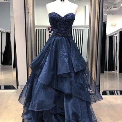 Dark Blue Lace Tulle Long Prom Dress, Ball Gown..