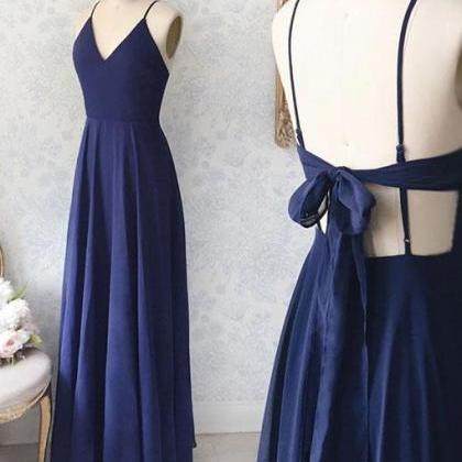 Simple Blue V Neck Chiffon Long Prom Dress,..