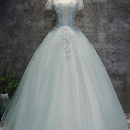 Unique Light Green Tulle Lace Long Prom Dress,..
