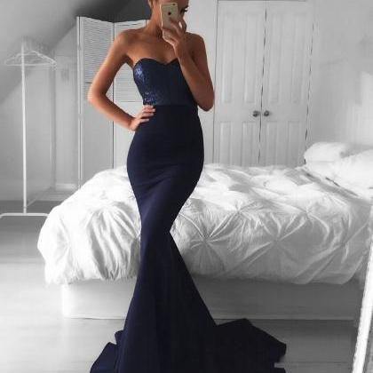 Sleeveless Navy Blue Prom Dress With Sequin Bodice