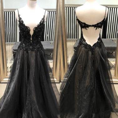Illusion Plunging Neck Black Organza Prom Dress
