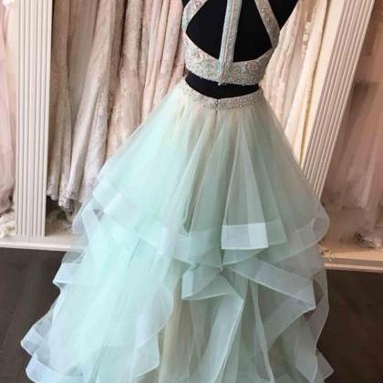 Light Mint Two Pieces Prom Dress With Tiered Skirt
