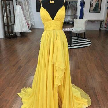 V Neck Yellow Satin Ruffle Fitted Prom Dress main image 0