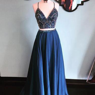 Blue Two Pieces Prom Dress With Beaded Crop Top