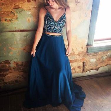 Blue Two Pieces Prom Dress With Beaded Crop Top
