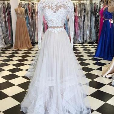 Off White Two Pieces Prom Dress With Long Sleeves..