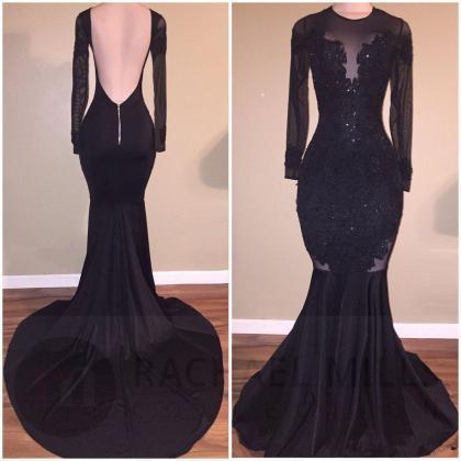 Backless Black Prom Dress With Long Sleeves on Luulla