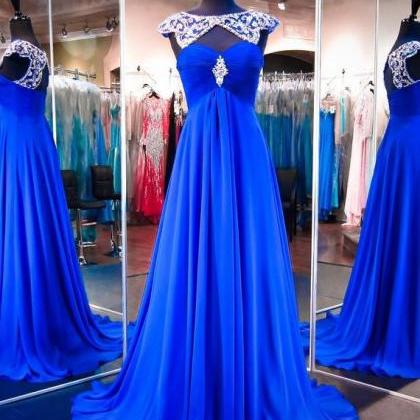Long Royal Blue Prom Dress With Attachable Shawl