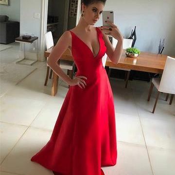 V Neck Red Prom Dress With Pockets Evening Dress