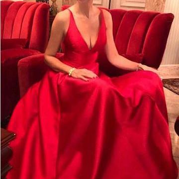 V Neck Red Prom Dress With Pockets Evening Dress