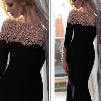 Long Sleeves Black Prom Dress With Lace Chest