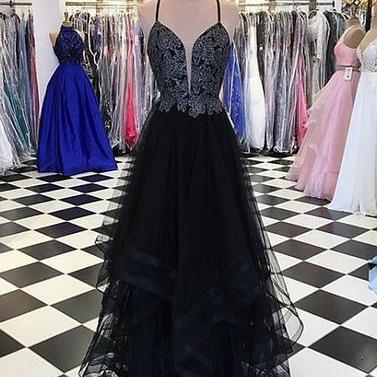 Plunging Neck Black Prom Dress
