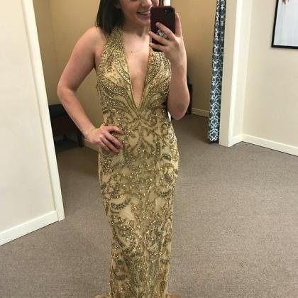 Halter Gold Prom Dress Low Back Special Occasion..