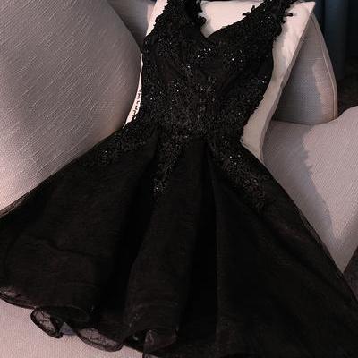 Cute Homecoming Dress V Neck Lace Tulle Black Short Party Cocktail Dress main image 0
