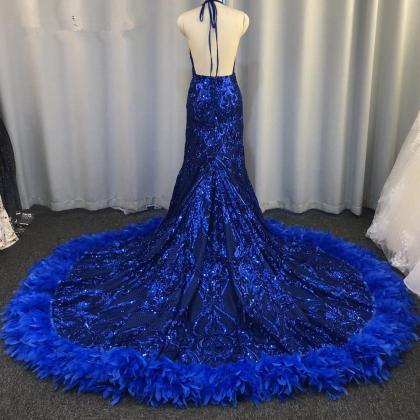 Halter Royal Blue Prom Dresses