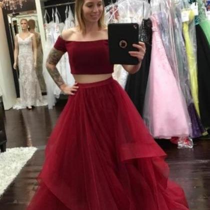 Burgundy Two Pieces Prom Dress With Tiered Skirt