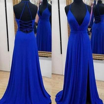 V Neck Royal Blue Prom Dress With Split