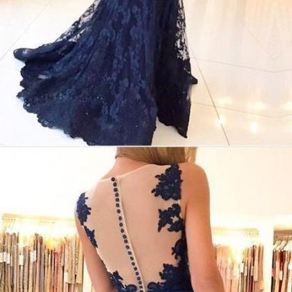 Plunging Neck Navy Evening Dress With Sheer Back..