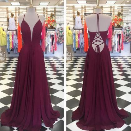 Plunging Neck Long Prom Dress With Tie String Back
