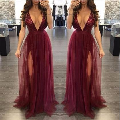 Spaghetti Straps Plunging Neck Maxi Dress With..