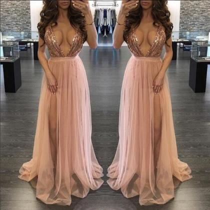 Spaghetti Straps Plunging Neck Maxi Dress With..