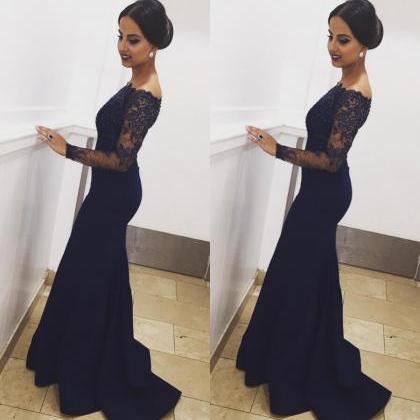 Off The Shoulder Pageant Dress Long Sleeves Navy..