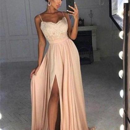 Women’s Embellished Neckline Spaghetti Straps Maxi Dress with High Slit