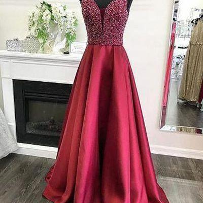 Mesh Plunging Neck Prom Dress With Beads