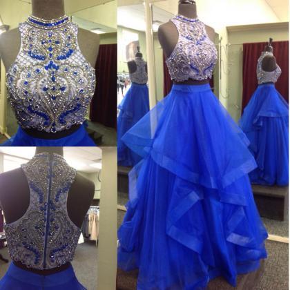 Royal Blue Two Pieces Prom Dress With Beaded Crop..