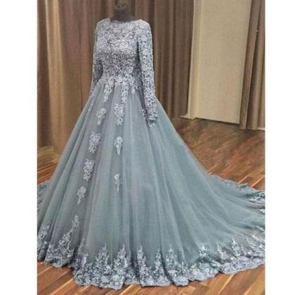 Silver Grey Modest Formal Occasion Dress With Long..