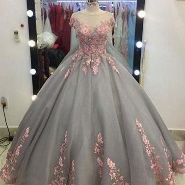 Cap Sleeves Sheer Neck Ball Gown Prom Dress With..