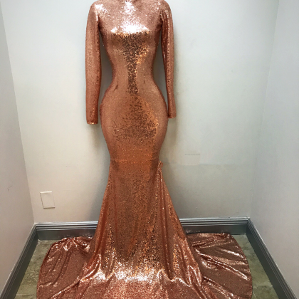 High Neck Rose Gold Sequin Prom Dress With Long..