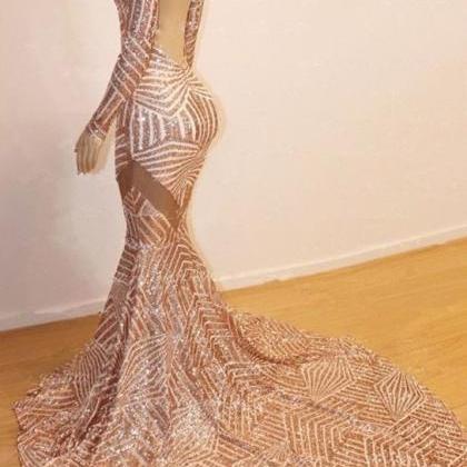 Backless Champagne Gold Sequin Prom Dress With..