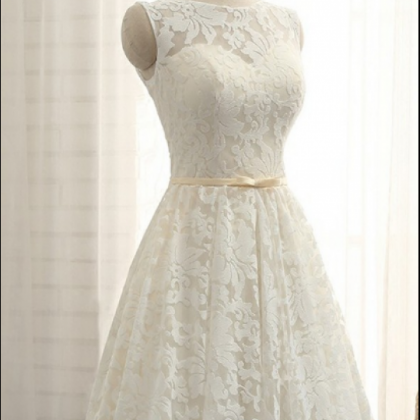 Jewel Neck Short Lace Wedding Dress With Sash