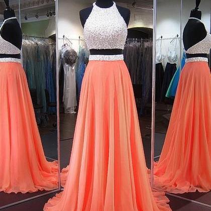 Coral Two Pieces Long Chiffon Prom Dress With..